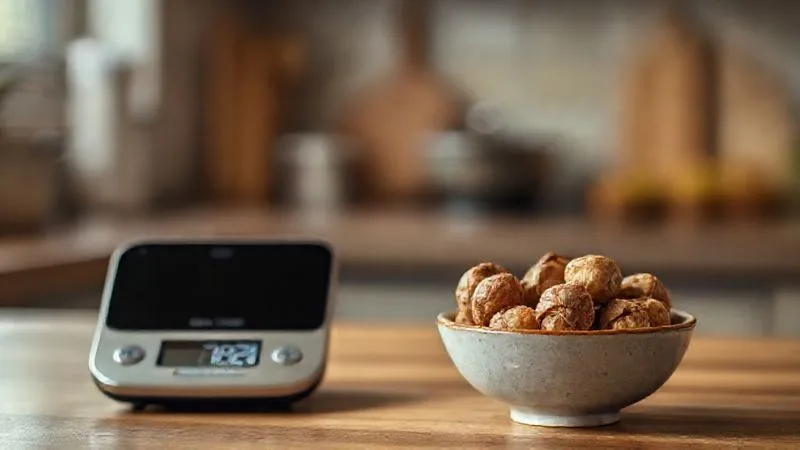 A photorealistic image of a small, elegant ceramic bowl filled with precisely measured walnuts, next to a digital kitchen scale displaying the weight. The background shows a blurry, warm-toned kitchen, emphasizing mindful eating and portion control. Cinematic lighting, sharp focus on the walnuts, depth of field, 8K, professional photography, shot on a high-end DSLR.