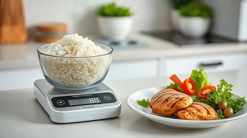 Photorealistic, professional photography, 8K, cinematic lighting, sharp focus, depth of field, shot on a high-end DSLR. A kitchen counter with a perfectly portioned bowl of cooked jasmine rice on a digital food scale, showing a precise weight. Next to it, a small portion of grilled chicken and a colorful salad, emphasizing balanced meal composition and mindful eating. The scene is clean, bright, and focused on healthy preparation.