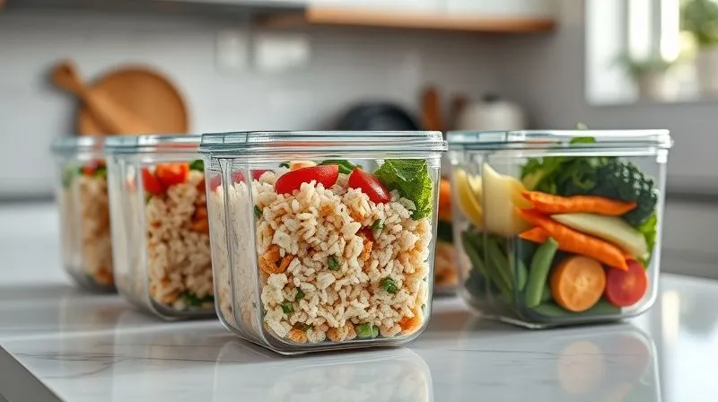 Photorealistic, professional photography, 8K, cinematic lighting, sharp focus, depth of field, shot on a high-end DSLR. A clean, modern kitchen counter with several glass meal prep containers, each filled with a different, colorful and healthy meal featuring jasmine rice, lean protein, and fresh vegetables. The containers are neatly arranged, suggesting organization and a healthy lifestyle. Soft, natural light illuminates the scene.