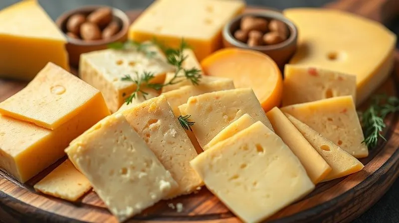 photorealistic, professional photography, 8K, cinematic lighting, sharp focus, depth of field, shot on a high-end DSLR, a vibrant close-up of various types of yellow cheese slices artfully arranged on a wooden board, with some fresh herbs and a small bowl of nuts in the background, emphasizing healthy fats and protein.