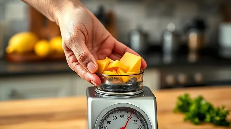 photorealistic, professional photography, 8K, cinematic lighting, sharp focus, depth of field, shot on a high-end DSLR, a hand holding a small, precisely measured portion of sliced yellow cheese on a kitchen scale, with a blurred background of a healthy kitchen counter, symbolizing portion control and mindful eating.