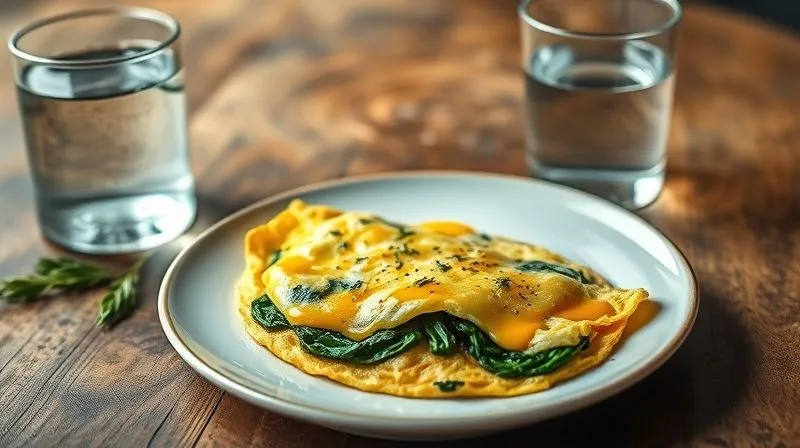 photorealistic, professional photography, 8K, cinematic lighting, sharp focus, depth of field, shot on a high-end DSLR, a gourmet low-carb omlet with melted yellow cheese and fresh green spinach, beautifully plated on a rustic wooden table, next to a glass of water, emphasizing healthy and delicious meal options.