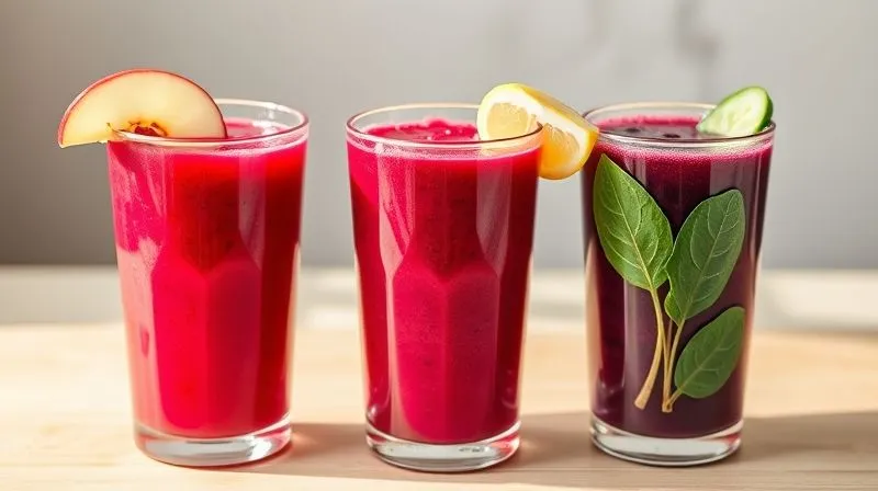A professional, photorealistic image of three distinct, vibrant glasses of freshly pressed beet juice blends. One glass contains a ruby-red beet-apple-carrot blend, another a deep crimson beet-ginger-lemon blend, and the third a rich purple beet-spinach-cucumber blend. Each glass is garnished appropriately (e.g., apple slice, ginger curl, lemon wedge, spinach leaf). The juices are arranged on a clean, light wooden surface with soft, natural light, showcasing their colors and freshness. Cinematic lighting, sharp focus on the glasses, depth of field blurring a subtle healthy kitchen background. 8K hyper-detailed, shot on a high-end DSLR, emphasizing health and variety.