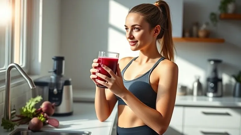 A photorealistic, professional photography image depicting a woman in athletic wear confidently making a healthy choice, holding a glass of vibrant beet juice. She is standing in a modern, sunlit kitchen, looking towards a window with a subtle smile. On the counter, there's a fresh beetroot and a juicer in the background, slightly out of focus. The image should convey a sense of empowerment, health, and conscious living. Cinematic lighting, sharp focus on the woman and the juice, depth of field blurring the background. 8K hyper-detailed, shot on a high-end DSLR, no text or logos.
