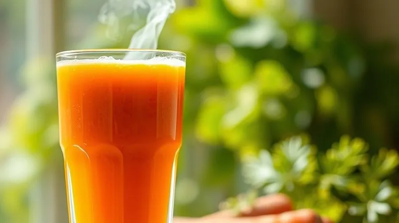 A close-up, photorealistic image of a vibrant, freshly squeezed glass of carrot juice, illuminated by warm morning light, with a gentle steam rising from it, suggesting freshness and vitality. In the background, blurred but visible, are lush green leaves and a hint of a healthy, energetic breakfast. Professional photography, 8K, cinematic lighting, sharp focus on the glass, depth of field, shot on a high-end DSLR, conveying a sense of natural energy and well-being.