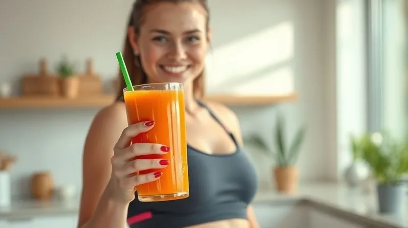 A person in athletic wear, holding a vibrant glass of carrot juice, looking refreshed and energetic after a morning workout, with a soft, sunlit glow on their face. The background features a modern, clean kitchen or a bright fitness studio. Photorealistic, professional photography, 8K, cinematic lighting, sharp focus on the person and juice, depth of field, shot on a high-end DSLR, conveying a sense of accomplishment and healthy lifestyle.