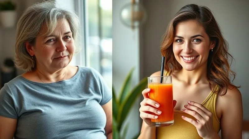 A side-by-side comparison image: on the left, a slightly overweight woman looking tired and uninspired; on the right, the same woman, visibly slimmer, radiant, and energetic, holding a glass of carrot juice, with a confident smile. The transition is subtle but impactful, emphasizing a healthy transformation. Photorealistic, professional photography, 8K, cinematic lighting, sharp focus, depth of field, shot on a high-end DSLR, emotionally resonant with hope and achievement.