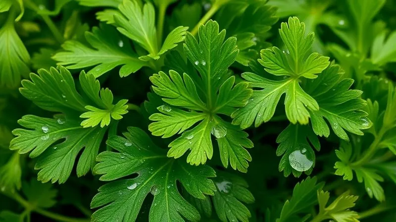 A close-up, photorealistic image of fresh, vibrant parsley leaves being prepared for juicing, with water droplets visible on the leaves, cinematic lighting, sharp focus.