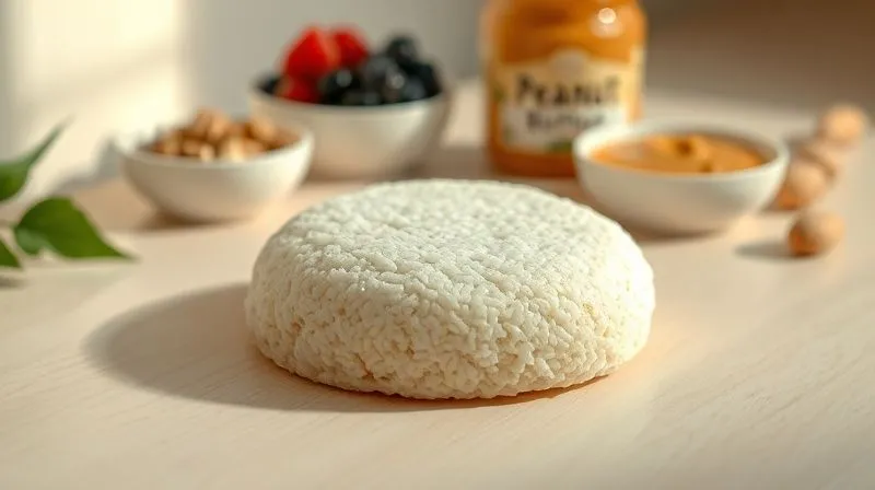 Photorealistic, professional photography of a single, plain rice cake lying on a clean, light wooden surface, with soft, natural light illuminating its textured surface. In the background, subtly blurred, are small bowls containing fresh ingredients like berries, nuts, and a jar of peanut butter, suggesting potential transformations. 8K hyper-detailed, sharp focus on the rice cake, depth of field, shot on a high-end DSLR, conveying simplicity and potential.