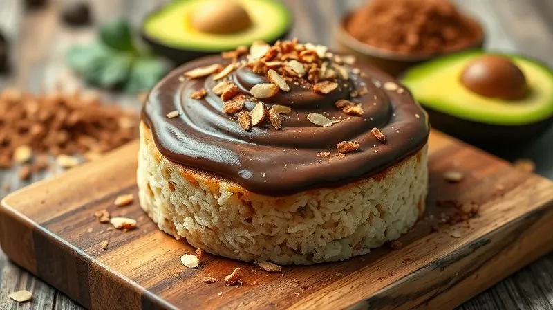 Photorealistic, professional photography of a rice cake generously spread with a rich, dark chocolate avocado cream, topped with a sprinkle of roasted almond flakes. The dessert is placed on a rustic wooden board, with a blurred background of healthy ingredients like fresh avocados and cocoa powder. Cinematic lighting, sharp focus on the dessert, 8K hyper-detailed, shot on a high-end DSLR, evoking a sense of decadent yet healthy indulgence.