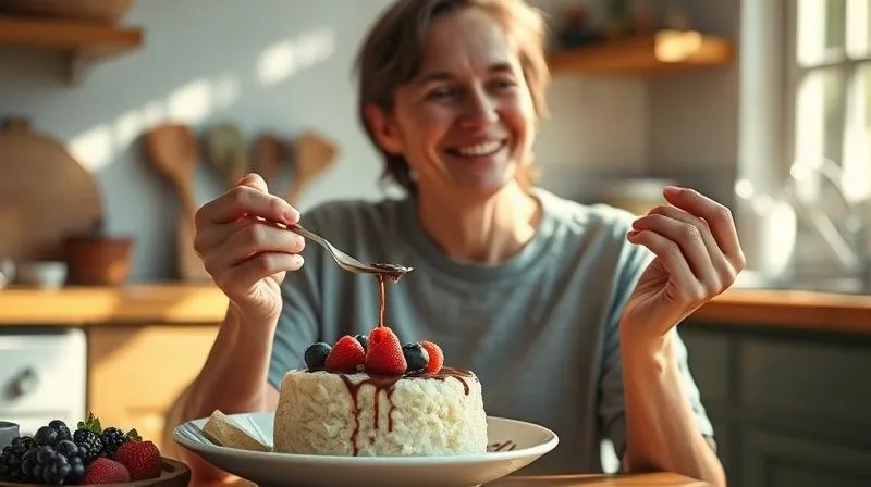 Photorealistic, professional photography of a person mindfully enjoying a beautifully prepared rice cake dessert, perhaps with berries and a drizzle of chocolate, in a cozy, sunlit kitchen. The focus is on the person's satisfied expression and the act of slow, appreciative eating. Cinematic lighting, soft shadows, 8K hyper-detailed, depth of field, shot on a high-end DSLR, conveying peace, satisfaction, and healthy living.