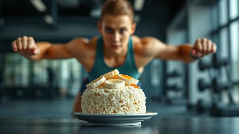 Photorealistic, professional photography of a dynamic fitness enthusiast, mid-stretch, with a blurred background of a modern gym. In the foreground, a perfectly composed rice cake snack with banana slices and a light drizzle of honey is placed on a small, clean surface. Cinematic lighting, sharp focus on the snack and the person's determined face, 8K hyper-detailed, depth of field, shot on a high-end DSLR, conveying energy, health, and readiness for activity.