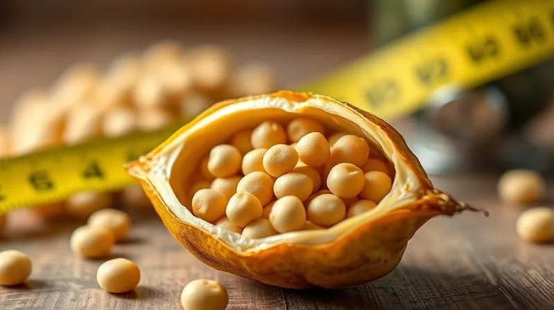 Photorealistic close-up of a single chickpea pod bursting open, showing the peas inside, with a blurred background of a measuring tape and scales. Emphasize natural textures and light. 8K, cinematic lighting, sharp focus, depth of field, professional photography, shot on a high-end DSLR.
