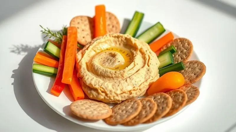 A beautifully plated vegan chickpea spread (hummus) served with vibrant, fresh vegetable sticks (carrots, cucumbers, bell peppers) and whole-grain crackers on a minimalist white plate. The setting is bright and clean, emphasizing healthy eating. 8K, cinematic lighting, sharp focus, depth of field, professional photography, shot on a high-end DSLR.
