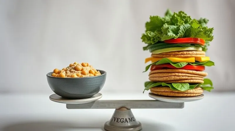 A visually striking, yet subtle, image depicting a balance scale with one side holding a small, perfectly portioned bowl of vegan chickpea spread and the other side holding a stack of healthy vegetables and whole grains, symbolizing balance in diet. Soft, diffused natural light, sharp focus, depth of field. 8K, professional photography, shot on a high-end DSLR.