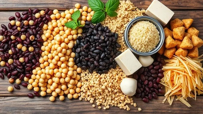 Photorealistic, professional photography, 8K, cinematic lighting, sharp focus, depth of field, shot on a high-end DSLR, a vibrant flat lay of various plant-based protein sources including dried lentils, chickpeas, black beans, quinoa, cubes of tofu, tempeh, and a small bowl of nutritional yeast, all arranged on a rustic wooden table with soft, natural light.