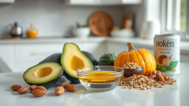 Photorealistic, professional photography, 8K, cinematic lighting, sharp focus, depth of field, shot on a high-end DSLR, a stylish arrangement of healthy fat sources including sliced avocado, a small bowl of extra virgin olive oil, various nuts (walnuts, almonds), seeds (pumpkin, sunflower), and a can of light coconut milk, all on a clean, modern kitchen counter with soft, natural light.