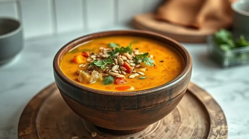 Photorealistic, professional photography, 8K, cinematic lighting, sharp focus, depth of field, shot on a high-end DSLR, a vibrant vegan vegetable soup in a rustic bowl, with visible contrasting textures: smooth creamy base, chunky vegetables, and a sprinkle of crunchy toasted seeds and fresh herbs on top, suggesting a satisfying and diverse eating experience. The background is a clean, minimalist kitchen setting.