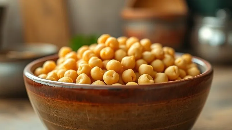 A close-up, photorealistic image of cooked chickpeas (garbanzo beans) in a rustic ceramic bowl, with a soft blur of a kitchen in the background. The lighting is warm and natural, highlighting the texture and wholesome quality of the chickpeas. Sharp focus on the beans, depth of field, 8K, professional photography, shot on a high-end DSLR.