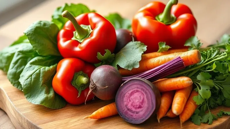A vibrant, photorealistic still life of a selection of fresh, colorful vegetables artfully arranged on a wooden cutting board, including red bell peppers, green spinach leaves, purple beetroots, and orange carrots. Natural light illuminates the scene, enhancing the rich colors and textures. Sharp focus on the vegetables, depth of field blurring the background, 8K, professional photography, shot on a high-end DSLR.