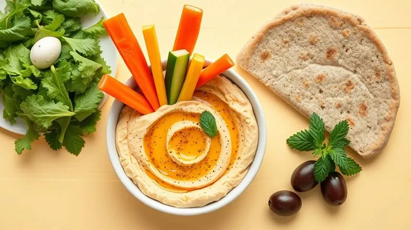 A beautifully composed flat lay image of a vibrant and healthy vegan lunch, featuring a bowl of hummus with colorful vegetable sticks (carrots, cucumbers, bell peppers), a whole-wheat pita bread, a fresh salad, and some olives. The setting is bright and inviting, suggesting a nourishing and energizing meal. Professional photography, 8K, cinematic lighting, sharp focus on the food, depth of field, shot on a high-end DSLR.
