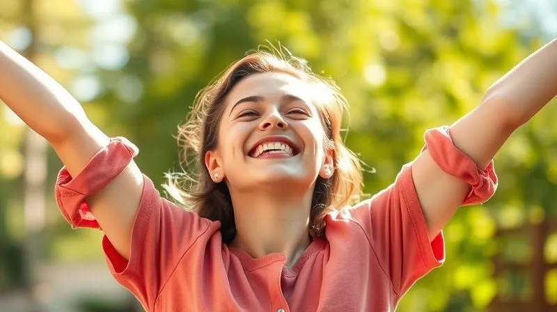 A joyful and energetic young woman, with a radiant smile, stretching her arms towards the sky in a bright, sunlit outdoor setting, perhaps a park or a garden. She embodies vitality and well-being. The background is softly blurred with greenery and natural light. Professional photography, 8K, cinematic lighting, sharp focus on the woman, depth of field, shot on a high-end DSLR, conveying a sense of renewed energy and happiness.
