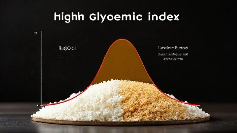 A photorealistic infographic showing a comparison between high glycemic index (white rice) and low glycemic index (brown rice) on blood sugar levels. The high GI curve is a sharp peak and trough, while the low GI curve is a gentle, sustained rise and fall. The background should be clean and professional, with a focus on scientific accuracy and clarity. 8K, cinematic lighting, sharp focus, depth of field, shot on a high-end DSLR.