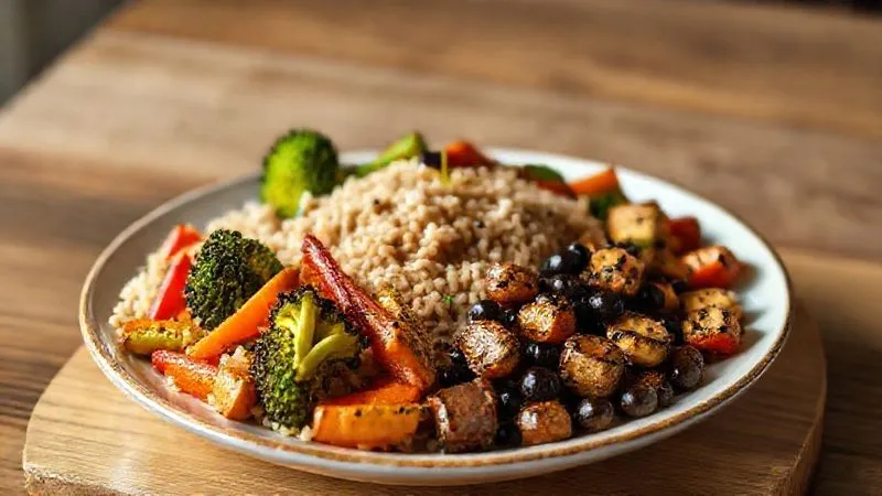 A photorealistic image of a perfectly balanced vegetarian meal plate, featuring a portion of brown rice, a generous serving of colorful roasted vegetables (broccoli, bell peppers, carrots), and a protein source like grilled tofu or black beans. The plate is aesthetically arranged, showcasing vibrant colors and fresh ingredients, with a small drizzle of olive oil. Cinematic lighting, sharp focus on the food, depth of field blurring the background, 8K hyper-detailed, shot on a high-end DSLR.
