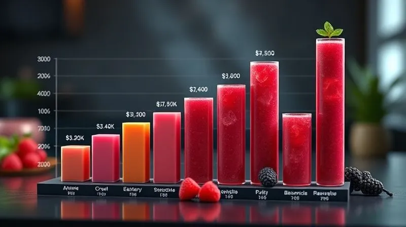 A photorealistic 3D bar chart showing market share for various healthy beverage categories, with one bar representing "low-calorie raspberry smoothies" showing potential for growth, cinematic lighting, sharp focus on the growth bar, depth of field, 8K hyper-detailed.