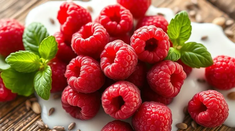 A photorealistic, vibrant close-up of fresh, juicy raspberries, surrounded by other natural, healthy ingredients like chia seeds, a hint of spinach, and a splash of unsweetened almond milk, all artfully arranged on a rustic wooden table with soft, natural light, 8K hyper-detailed.