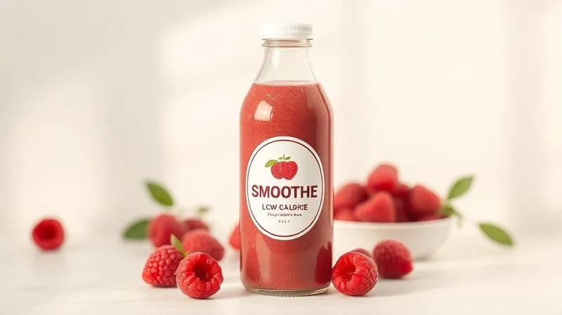 A photorealistic, elegant and minimalist design of a transparent glass bottle for a low-calorie raspberry smoothie, with a clean, modern label showcasing fresh raspberries and a subtle "low-calorie" badge. The bottle is placed on a light, natural background, with soft, inviting light, 8K hyper-detailed.