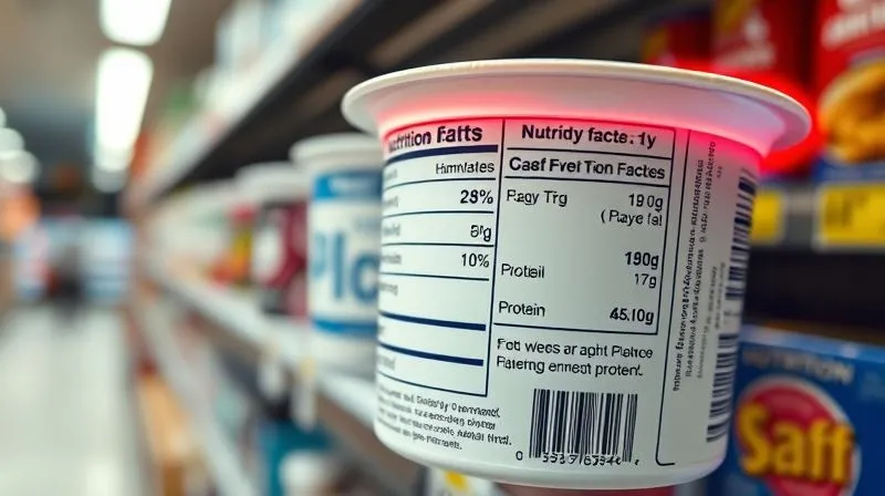 Photorealistic, professional photography, 8K, cinematic lighting, sharp focus, depth of field, shot on a high-end DSLR. A close-up of a Greek yogurt nutrition label on a supermarket shelf, with key sections like 'Carbohydrates', 'Sugars', and 'Protein' highlighted by a red circle or a glow, making them stand out. The background is blurred, focusing on the label's details.