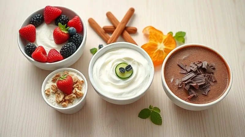Photorealistic, professional photography, 8K, cinematic lighting, sharp focus, depth of field, shot on a high-end DSLR. A beautifully arranged spread of keto-friendly Greek yogurt creations: one bowl with berries and nuts, another with a savory tzatziki dip with cucumber slices, and a third with cocoa and dark chocolate shavings. All items are presented on a clean, light-colored wooden surface with soft, inviting light, emphasizing freshness and deliciousness.