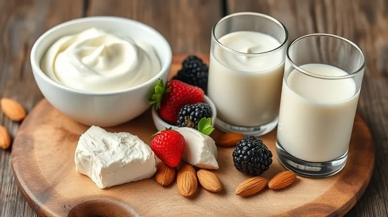Photorealistic, professional photography, 8K, cinematic lighting, sharp focus, depth of field, shot on a high-end DSLR. A vibrant still life displaying various keto-friendly dairy and non-dairy alternatives. A bowl of creamy unsweetened coconut yogurt, a small dish of rich mascarpone cheese, and a glass of heavy cream are arranged on a rustic wooden board. Fresh berries and a few almonds are scattered around, suggesting their use as toppings. Soft, natural light highlights the textures and colors.