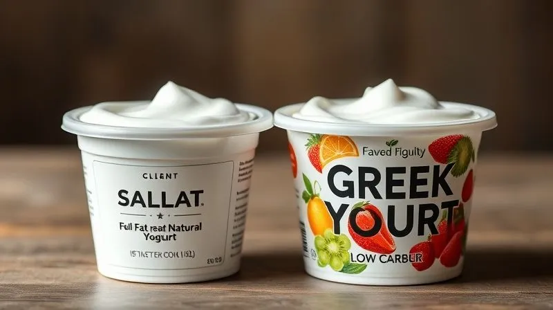 A photorealistic, professional photography, 8K, cinematic lighting, sharp focus, depth of field, shot on a high-end DSLR comparison image showing two Greek yogurt containers side-by-side. One is a plain, full-fat natural Greek yogurt with a clean label, emphasizing low carb count. The other is a brightly colored, fruit-flavored Greek yogurt with a busy label, highlighting high sugar content. The contrast should be stark, illustrating the difference in healthy choice. The lighting should emphasize the clarity of the good choice versus the misleading appearance of the bad choice.