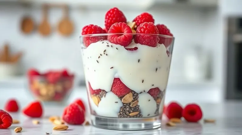 A photorealistic, professional photography, 8K, cinematic lighting, sharp focus, depth of field, shot on a high-end DSLR image of a vibrant, healthy low-carb Greek yogurt parfait. Layers of creamy Greek yogurt, fresh raspberries, chopped almonds, and a sprinkle of chia seeds are visible in a clear glass. The background is a bright, airy kitchen setting, emphasizing freshness and homemade quality. Cinematic lighting highlights the textures and colors, making the dish look incredibly appetizing and wholesome.