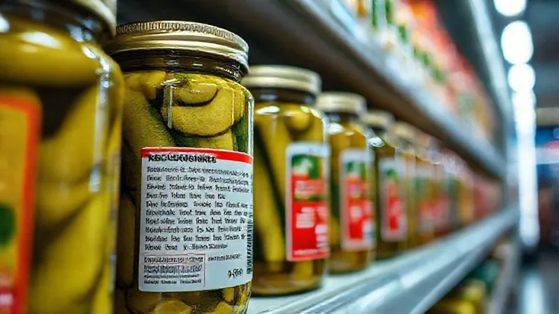 A close-up, photorealistic image of a supermarket shelf displaying various jars of pickled cucumbers. One jar in the foreground has its ingredient label clearly visible and highlighted, with various forms of sugar (e.g., glucose-fructose syrup, dextrose) subtly outlined in red. Professional photography, 8K, cinematic lighting, sharp focus on the labels, depth of field, shot on a high-end DSLR.