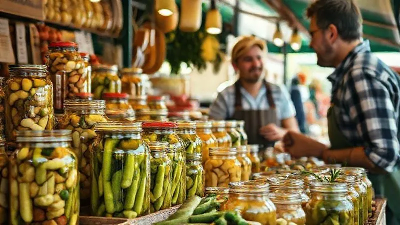 A vibrant, bustling farmer's market stall, with various glass jars of homemade pickled cucumbers, sauerkraut, and other fermented vegetables displayed prominently. A friendly farmer is talking to a customer. The scene is bathed in natural, warm light. Professional photography, 8K, cinematic lighting, sharp focus on the jars and produce, depth of field, shot on a high-end DSLR.