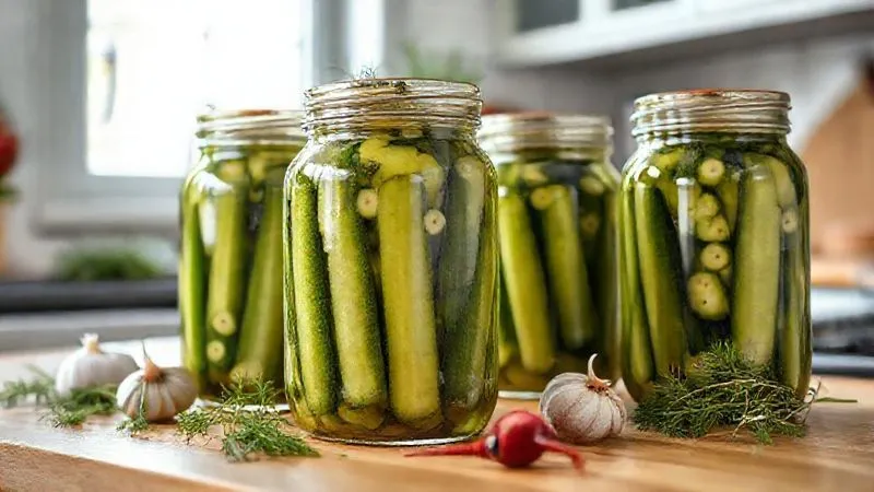 A beautifully arranged kitchen counter with several glass jars of freshly made homemade pickled cucumbers, still in the fermentation process (some subtle bubbles visible). Fresh dill, garlic, and horseradish roots are scattered around. Natural light from a window illuminates the scene. Professional photography, 8K, cinematic lighting, sharp focus on the jars, depth of field, shot on a high-end DSLR.
