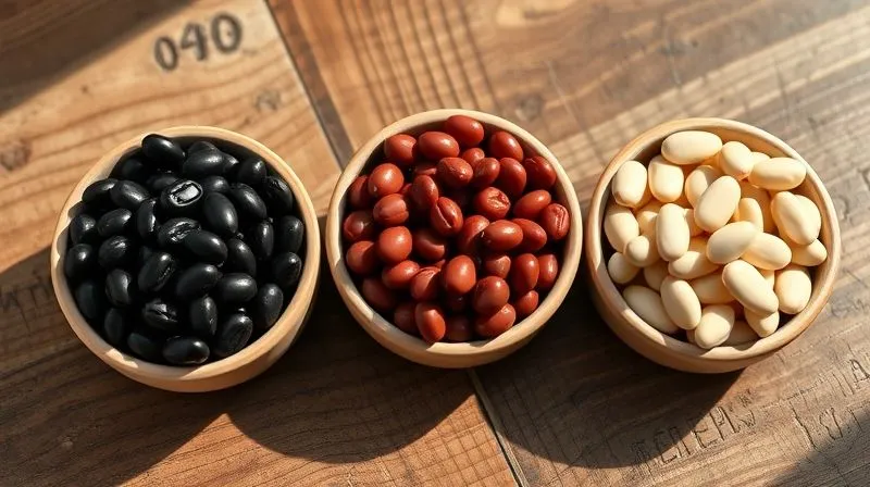 A close-up, photorealistic image of different types of beans (black beans, kidney beans, cannellini beans) in separate small bowls, showcasing their distinct colors and textures, with soft, natural light emphasizing their raw beauty, arranged artfully on a rustic wooden table.