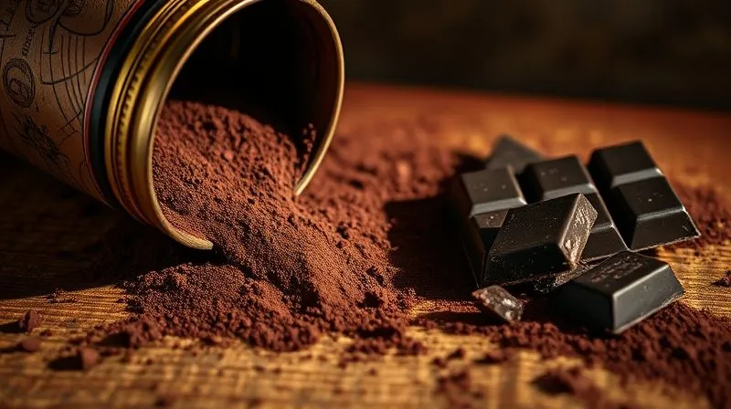 A photorealistic, professional photography, 8K, cinematic lighting, sharp focus, depth of field, shot on a high-end DSLR of a rich, dark cocoa powder spilling from a vintage tin onto a rustic wooden surface, next to a bar of high-quality dark chocolate with a few broken pieces, creating an inviting, luxurious culinary scene with soft, warm light.