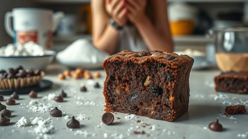 A slightly blurred, photorealistic image of a kitchen counter with baking ingredients in disarray, a half-eaten, unappetizing brownie with a visible bean texture, and a frustrated expression suggested by a pair of hands covering a face in the background, conveying a sense of common baking mistakes and disappointment, with soft, diffused light.