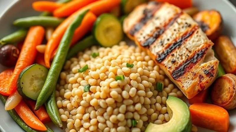 Photorealistic, professional photography, 8K, cinematic lighting, sharp focus, depth of field, shot on a high-end DSLR. A vibrant and diverse plate of food featuring a small portion of perfectly cooked spelt groats, surrounded by colorful, steamed vegetables (like carrots, green beans, zucchini), grilled chicken breast, and a slice of avocado. The lighting should be bright and inviting, emphasizing freshness and health. Focus on the variety and balance of the meal.