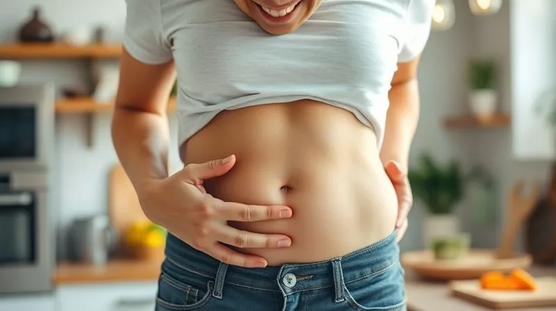Photorealistic, professional photography, 8K, cinematic lighting, sharp focus, depth of field, shot on a high-end DSLR. A person smiling gently, holding their flat, comfortable stomach, with a soft, warm glow around them. In the background, a subtle, out-of-focus hint of a healthy kitchen environment. The image should convey a sense of relief, lightness, and well-being after a successful dietary change.
