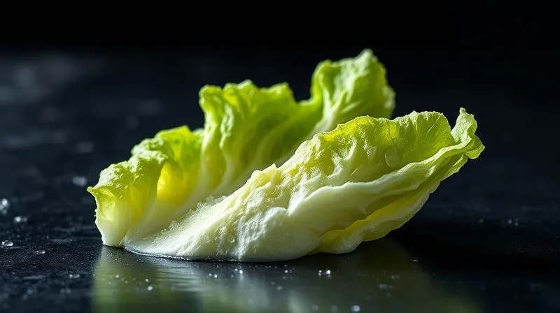 photorealistic, professional photography, 8K, cinematic lighting, sharp focus, depth of field, shot on a high-end DSLR, a single perfectly crisp iceberg lettuce head glistening with water droplets on a dark, elegant surface, conveying freshness and purity.