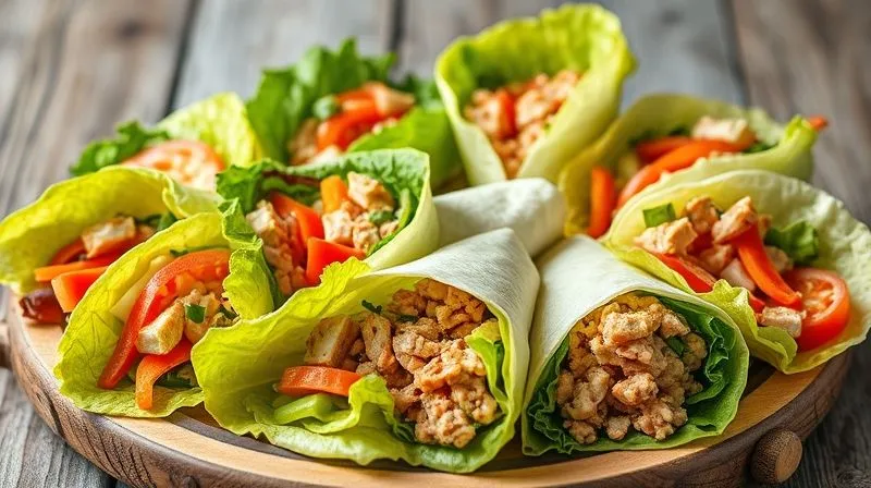photorealistic, professional photography, 8K, cinematic lighting, sharp focus, depth of field, shot on a high-end DSLR, various colorful, low-fat wraps and rolls made with large iceberg lettuce leaves instead of tortillas, filled with lean protein and vegetables, arranged on a rustic wooden board, conveying creativity and health.
