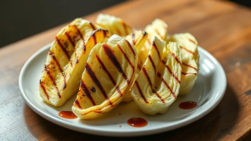 photorealistic, professional photography, 8K, cinematic lighting, sharp focus, depth of field, shot on a high-end DSLR, grilled iceberg lettuce wedges with char marks, lightly seasoned, served on a modern plate with a drizzle of light balsamic glaze, conveying unexpected culinary delight.