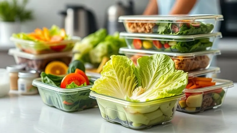 photorealistic, professional photography, 8K, cinematic lighting, sharp focus, depth of field, shot on a high-end DSLR, a bright, organized meal prep scene with containers filled with various healthy, low-fat meals prominently featuring iceberg lettuce, arranged on a clean kitchen counter, conveying efficiency and wellness.
