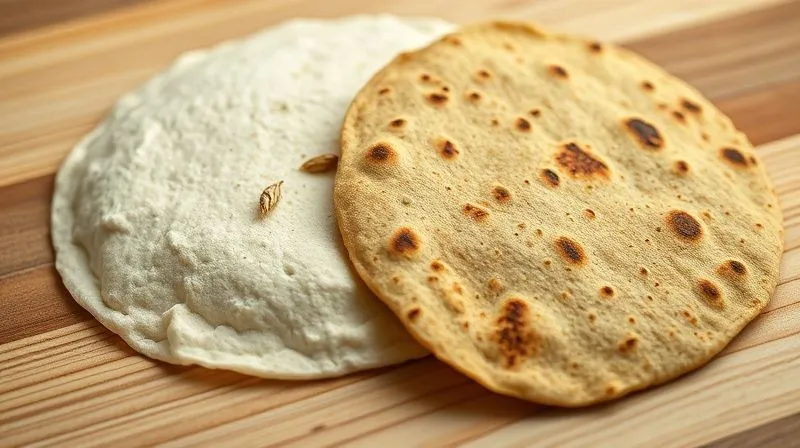 Photorealistic, professional photography, 8K, cinematic lighting, sharp focus, depth of field, shot on a high-end DSLR. A close-up shot of two tortillas: one light, refined flour tortilla and one darker, textured whole wheat tortilla, side by side on a minimalist wooden surface. The light subtly highlights the textural differences, emphasizing the natural, wholesome appearance of the whole wheat option, with a single grain of wheat artfully placed nearby.