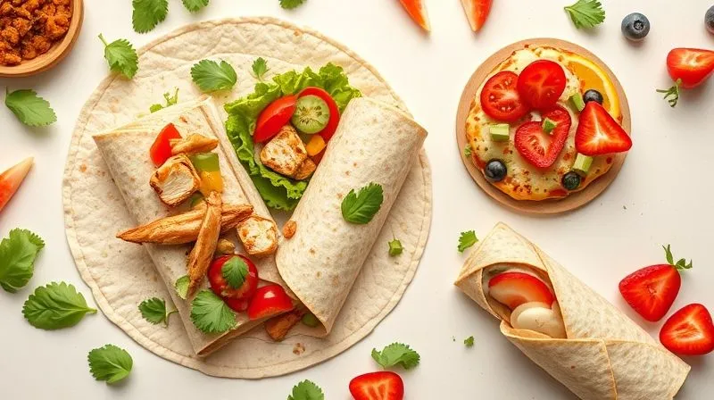 Photorealistic, professional photography, 8K, cinematic lighting, sharp focus, depth of field, shot on a high-end DSLR. A vibrant flat lay of various healthy whole wheat tortilla creations: a chicken and veggie wrap, a mini low-calorie pizza, and a sweet fruit and yogurt roll. Each dish is artfully arranged with fresh, colorful ingredients, showcasing their appeal and health benefits on a light, clean background.